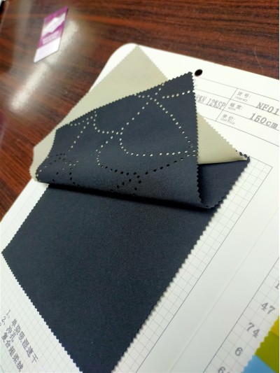 NF01 成分：88%Nylon  12%SP  幅寬：150CM  單染吸濕速乾  沖孔 復合超柔絨 側面照